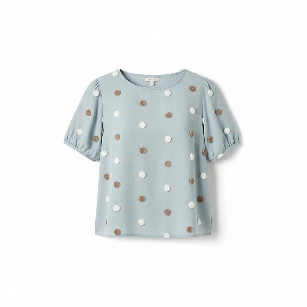 MINE Light Blue Textured Polka Dot Puff Sleeve Blouse Size L